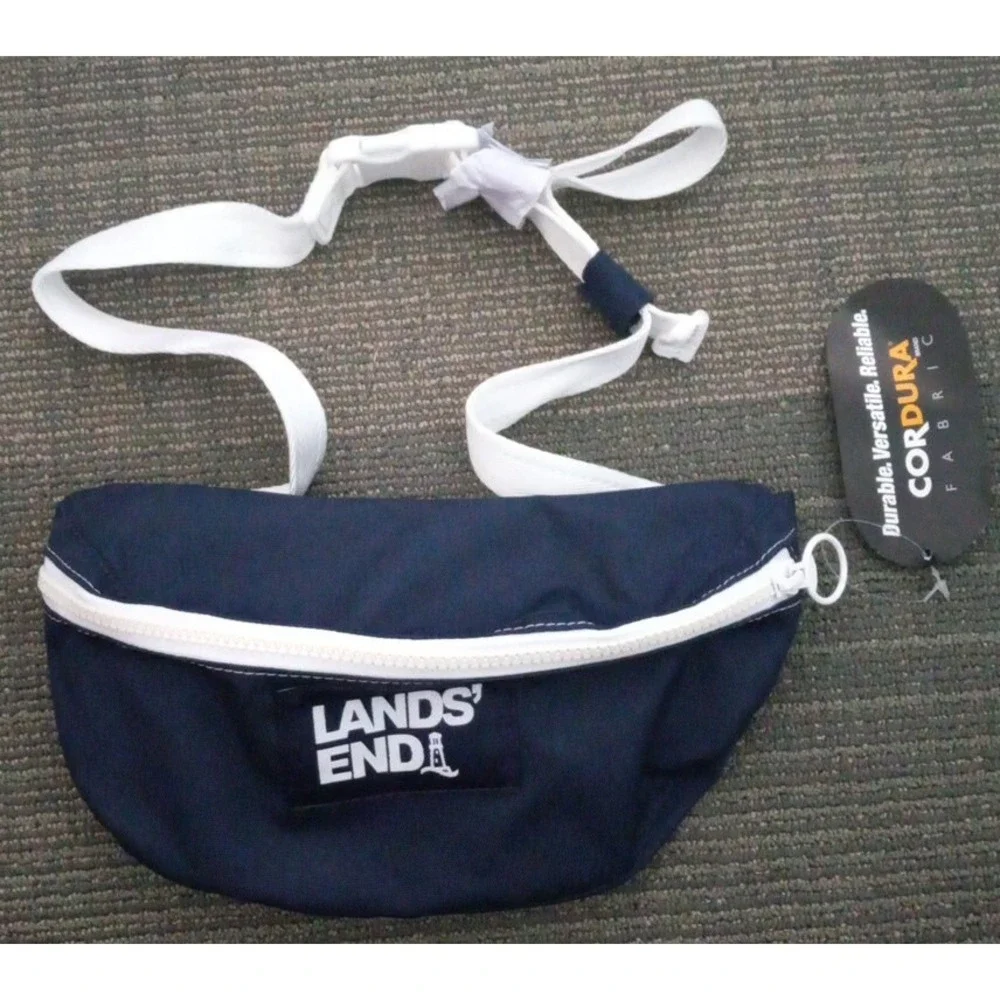 New Lands End‎ Fanny Pack Navy Blue White Waist Hiking Shopping Preppy Sporty